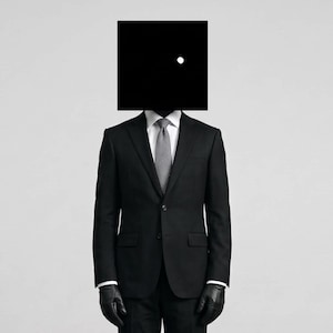 May include: A black suit jacket and trousers worn with a white collared shirt, a grey patterned necktie, and black leather gloves. The head is replaced by a solid black square featuring a single small white dot positioned on the right side.