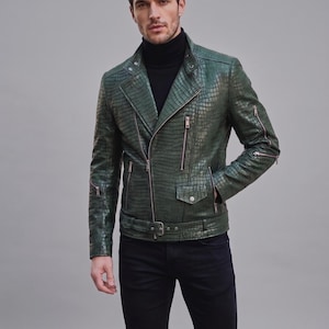 Herren Forest Green Krokodil geprägte Leder Bikerjacke - Slim Fit Moto Coat