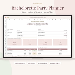 Peut inclure: Un tableur numérique de planification de fête de bachelorette affiché sur un écran, comprenant des sections pour la répartition du budget, le suivi de l'itinéraire, les listes d'invités et les RSVP, avec des tableaux de dépenses.
