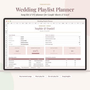 May include: A digital Wedding Playlist Planner spreadsheet for Google Sheets and Excel. The interface displays an overview dashboard with sections for partner details, music statistics, a running order, and song priority lists in a soft palette.
