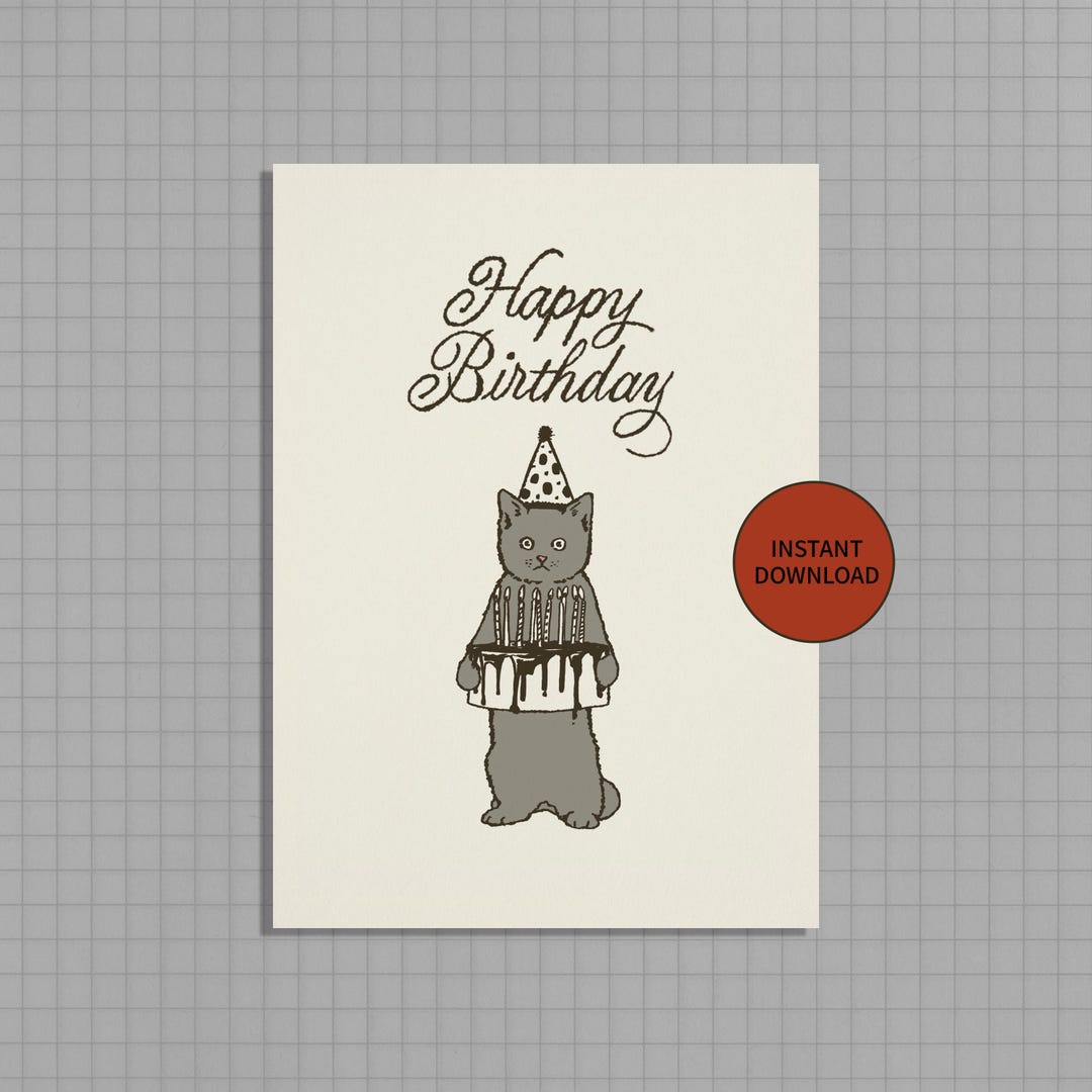 4x6 5x7 Hand Drawn Printable Cat Birthday Card, Cute Minimal Funny ...