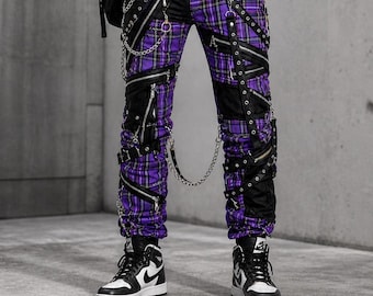 Ręcznie robione unisexowe spodnie cargo w stylu gotyckim punk – odzież uliczna w stylu gotyckim, pasek z łańcuszkiem, czarno-fioletowa krata, moda alternatywna w stylu grunge z roku 2000
