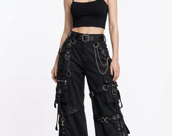 Cyberpunk Gothic Cargo Pants, Wide Leg Techwear Trousers, Multi Pocket Streetwear Chains Buckles