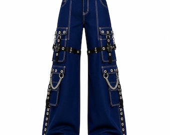 Pantalones cargo góticos personalizados, pantalones de pierna ancha estilo techwear, pantalones holgados de estilo punk streetwear en azul y verde oliva.