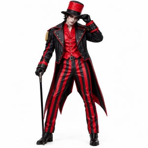 Op de afbeelding: Een kostuum in circusdirecteurstijl met een rood-zwart gestreepte pandjesjas met gouden epauletten, een rood vest met knopen en een bijpassende rood-zwart gestreepte broek. Inclusief een rood-zwarte hoge hoed, zwarte handschoenen en een wandelstok.