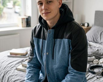 Men's Hooded Varsity Jacket – Blue Heather Black Panel Bomber Coat