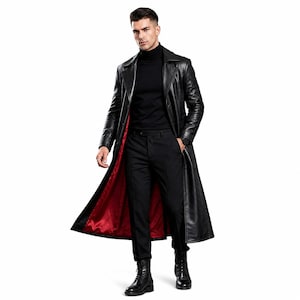 Gotisk Halloween Matrix Läderimitationsjacka – Svart Cyberpunk Trenchcoat, Rödfodrad Överrock