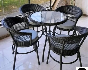 Handmade Outdoor Rattan Dining Set with Round Glass Table and 4 Chairs, All-Weather Wicker