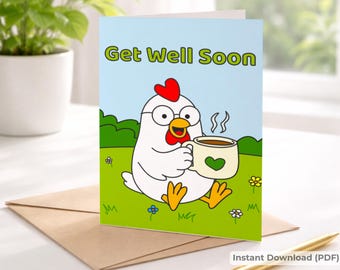 Biglietto di auguri di pronta guarigione – Illustrazione di Henni la gallina con tazza di tè (Download digitale)