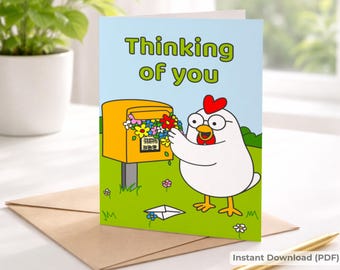 Biglietto d'auguri "Ti penso" con Henni la gallina - Biglietto d'auguri floreale stampabile - Formato A6 PDF