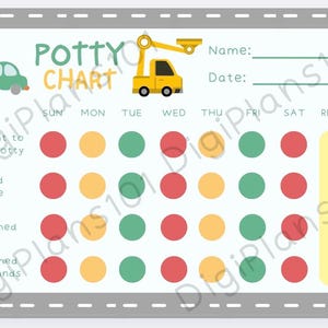 Puede incluir: Un gráfico de entrenamiento para ir al baño con un diseño de carretera en la parte superior e inferior. El gráfico incluye un coche verde, una grúa amarilla y un semáforo. Tiene espacios para el nombre, la fecha y la recompensa, con casillas de verificación para cada día de la semana.