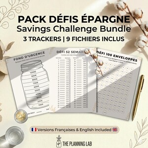 Peut inclure: Un ensemble de défis d'épargne avec trois trackers et neuf fichiers. L'image montre trois trackers d'épargne différents, dont un graphique de pot pour un fonds d'urgence, un défi de 52 semaines et un défi de 100 enveloppes. Le texte comprend "Savings Challenge Bundle".