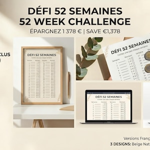 Peut inclure: Publicité pour un défi d'épargne de 52 semaines. L'image montre une impression encadrée, une feuille imprimée et deux ordinateurs portables affichant le défi. Le texte comprend "Défi 52 semaines" et "Épargnez 1 378 €".