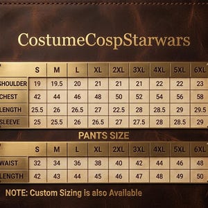 May include: A dark brown leather-textured background featuring a gold-toned metal chart titled CostumeCospStarwars. The chart displays sizing measurements in inches for shoulder, chest, length, and sleeve, plus a separate pants size table.