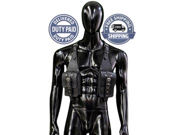 1“Bolso bandolera de cuero – Cartera antirrobo para hombre, chaleco táctico cyberpunk, funda negra para teléfono, ideal para festivales”