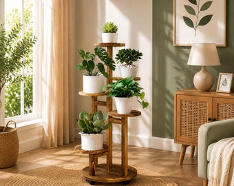 Houten plantenstandaard met 5 niveaus en wielen - plantenbak met meerdere niveaus voor binnen en buiten