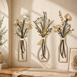 Juego de 3 adornos de pared de flores de metal – Decoración floral rústica de estilo granja