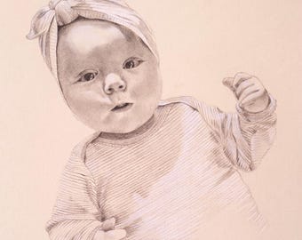 Baby Portrait from Photo – Hand Drawn Graphite Art, Gift for Mom, Made in Paris