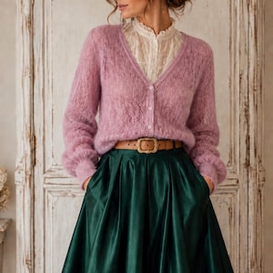 Vintage Laura Ashley jaren 70/80 mohair wollen vest in roze/lila, doorschijnend mesh gebreid, pluizig, romantisch model, maat M (VK)