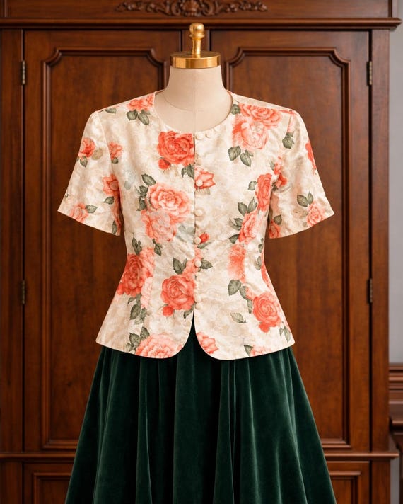 Adrianna Papell vintage 80s silk floral jacquard blazer romantic cottagecore jacket UK 12
