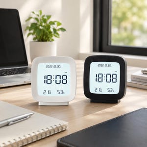 May include: Two square digital clocks with rounded corners, one white and one black. The screens display the date 2022.10.30, the time 18:08, the day SUN, a temperature of 21.6 degrees Celsius, and a humidity level of 53 percent on a light display.