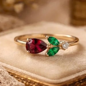 14K Gold Pear Cut Rhodolite Garnet & Emerald Toi et Moi Ring, Unique Nature Inspired Floral Leaf Ring, Vintage Two Stone Anniversary Gift