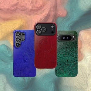 May include: Three phone cases in blue, red, and green, each with a textured, topographic pattern. The cases are displayed against a colorful, layered background. The cases have camera cutouts.