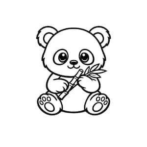 以下が含まれることがあります： 座って葉のついた竹の茎を持っている白黒の漫画のパンダ。パンダは大きく丸い目を持ち、黒で縁取られています。画像はシンプルでクリーンなイラストです。