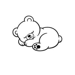 May include: A black and white cartoon illustration of a sleeping bear cub. The bear is lying on its side with its eyes closed, paws tucked in, and a small, round body. The bear's ears are rounded, and its paws have black pads.