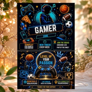 Puede incluir: Un póster negro con el texto GAMER ZONE y LEVEL UP YOUR PASSION. Los gráficos incluyen la silueta de una persona con auriculares, mandos de juego, un balón de baloncesto, un balón de fútbol americano, un balón de fútbol, pizza y un trofeo.