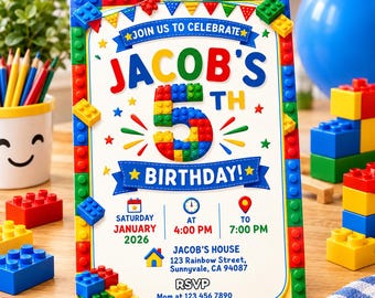 Invito per il quinto compleanno, tema blocchi di costruzione pixelati, modello Canva modificabile (download digitale)