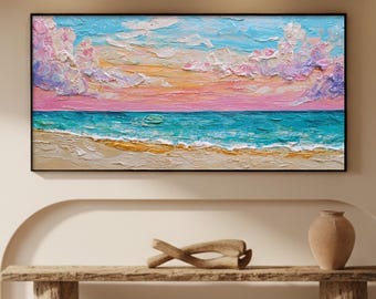 Pink Pastel Beach Oil Painting, Textured Impasto Ocean Wall Art, Palette Knife Artwork