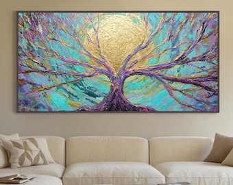 Großes abstraktes Gemälde, Goldener Baum, Abstrakte Kunst auf Leinwand, Wohnzimmer Dekor