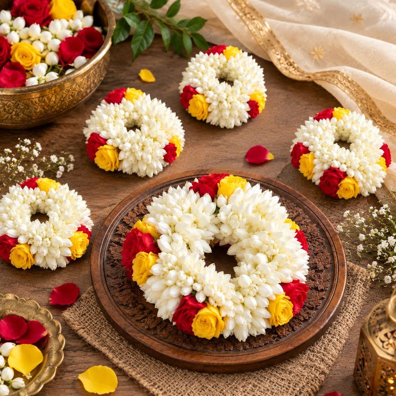 May include: A collection of circular floral garlands crafted from small white jasmine buds interspersed with vibrant red and yellow rose blossoms. The arrangements are displayed on a wooden surface, with some placed on a round wooden tray.