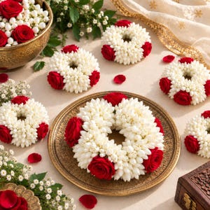 May include: A collection of circular floral garlands crafted from white jasmine buds and vibrant red roses. The arrangements are displayed on a large, ornate, circular brass-toned tray, with additional loose rose petals and jasmine sprigs.