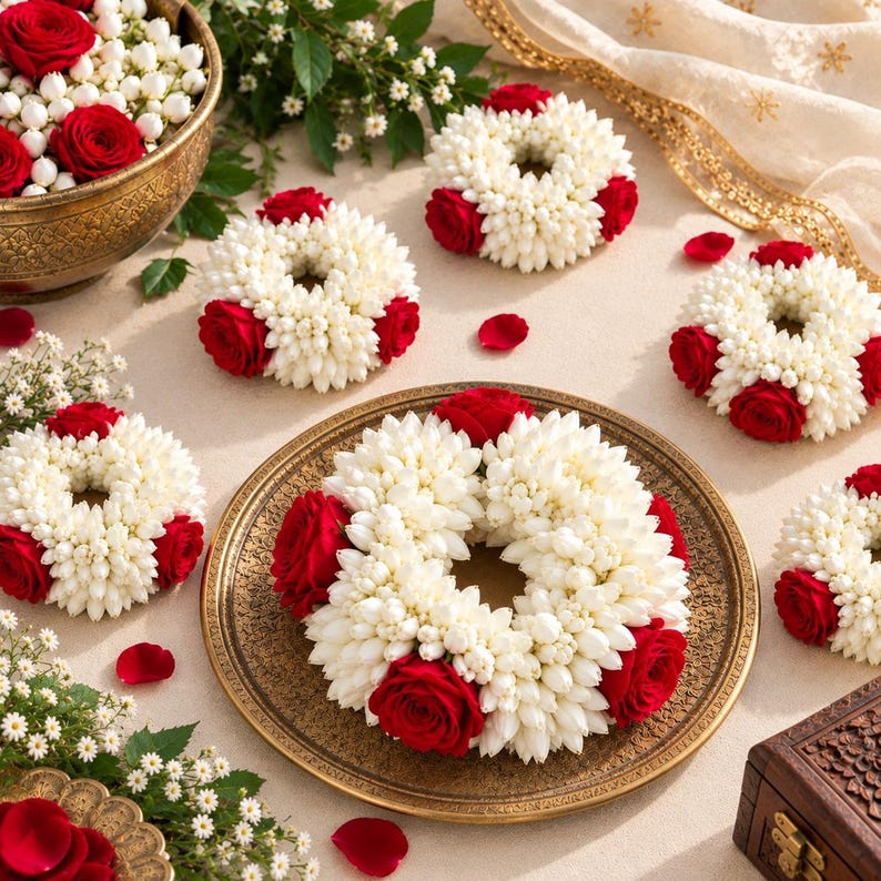 May include: A collection of circular floral garlands crafted from white jasmine buds and vibrant red roses. The arrangements are displayed on a large, ornate, circular brass-toned tray, with additional loose rose petals and jasmine sprigs.