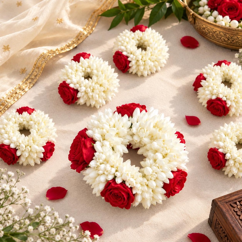 May include: A collection of circular floral garlands crafted from small white jasmine buds and vibrant red roses. The arrangement features several individual wreaths of varying sizes, each showcasing a dense, layered pattern of white petals accented by deep red rose blossoms, scattered on a neutral fabric surface.