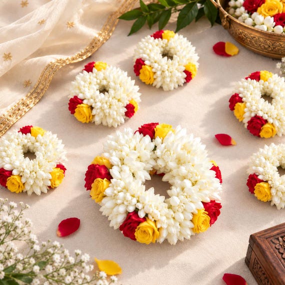 50 Pcs Indian Artificial Flower Gajra Bracelet & Hair Band | Floral Hair Accessories | Traditional Indian Wedding