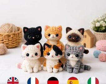 Paquete de patrones de mini gatos de ganchillo, 6 patrones de amigurumi en PDF (descarga digital)