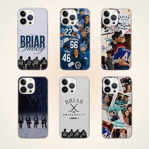 May include: Six phone cases with various designs. Some cases feature hockey team graphics with the text "Briar Hockey" and player numbers. Other cases display images of people, text "Off Campus", and the text "Hannah & Garrett".
