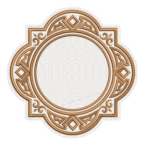 May include: A decorative, ornate frame with a circular center. The frame is a warm gold color with intricate geometric and scrollwork designs. The background is a textured, dotted white.