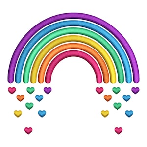 Peut inclure: Un motif d'arc-en-ciel coloré avec un aspect texturé. L'arc-en-ciel présente des bandes de violet, bleu, vert, jaune, orange et rose. En dessous, des cœurs de différentes couleurs tombent en cascade, créant une image joyeuse et vibrante.