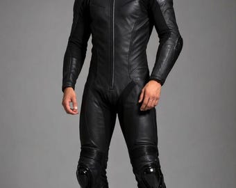 Traje de motociclista negro para hombre, de una sola pieza, hecho a mano en cuero auténtico (talla personalizada).