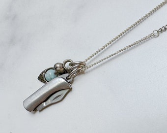 Cascade Knife Necklace - Silver-Tone Extra Small Folding Knife, Faux Turquoise Charm, Silver Alloy Kuchi Bell & Reclaimed Chain Necklace