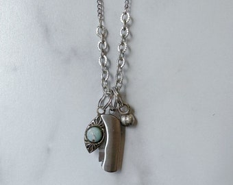 Cascade Knife Necklace - Silver-Tone Extra Small Folding Knife, Faux Turquoise Charm, Silver Alloy Kuchi Bell & Reclaimed Chain Necklace