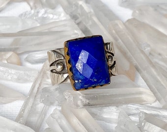 Indus Ring - Vintage India Sterling Silver and Genuine Lapis Lazuli Statement Ring Size 6.5