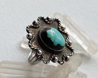 Pocatello Ring - Vintage Sterling Silver and Turquoise Enamel Ring Size 10