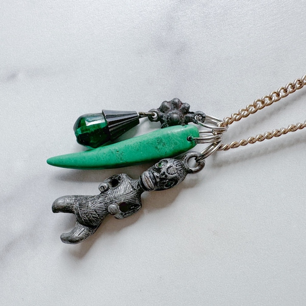 Deity Necklace - Silver-Tone Curated Necklace with Deity Charm, Faux Malachite, Crystal Pewter Charm & Patchwork Reclaimed Chain Statement