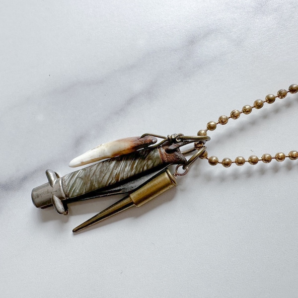 Chelsea Knife Necklace - Vintage Brass-Tone Folding Knife, Bullet Casing Pendant Coyote Tooth & Patchwork Reclaimed Chain Statement Necklace