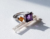Kali Ring - Vintage 14k White Gold, Princess Cut Amethyst, Princess Cut Citrine and Round Diamond Chip Birthstone Ring Size 6 3 4